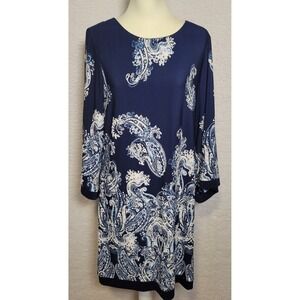 Sandra Darren Dress Women's Size 12 Blue White Bell Sleeve Floral Paisley 1135